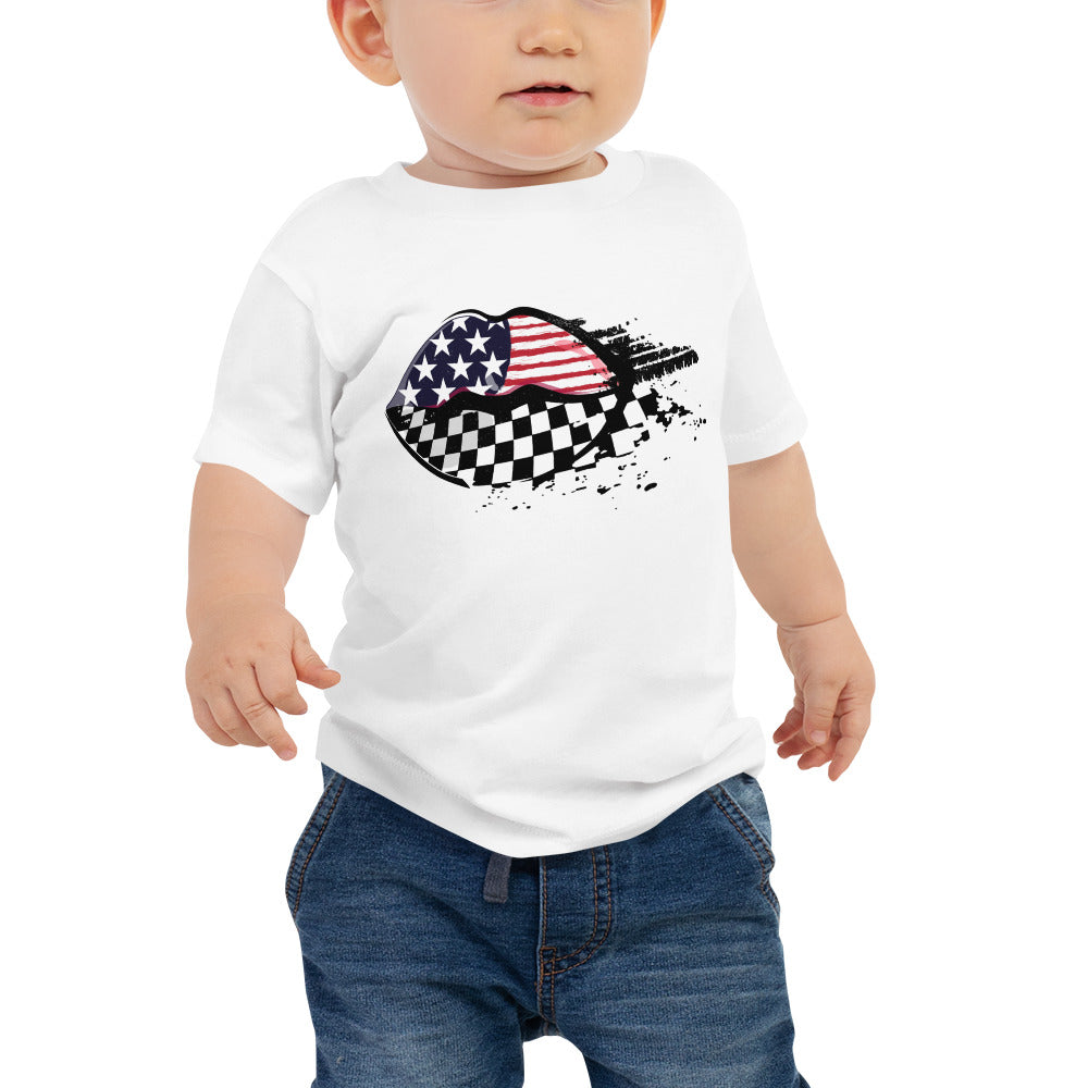 American Flag / Checkered Flag Racing Lips  - Baby Jersey Short Sleeve Tee